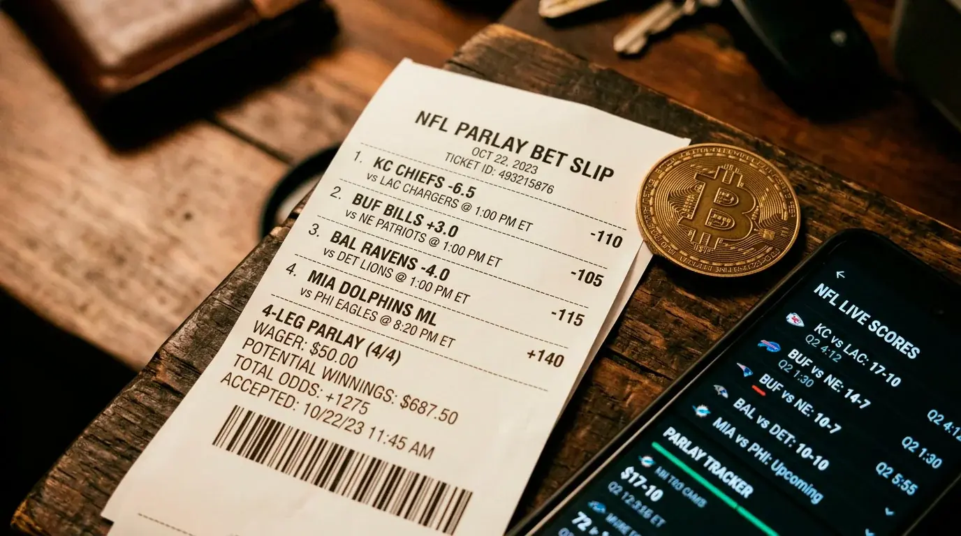 NFL parlay bet slip with multiple game legs at a cryptocurrency sportsbook