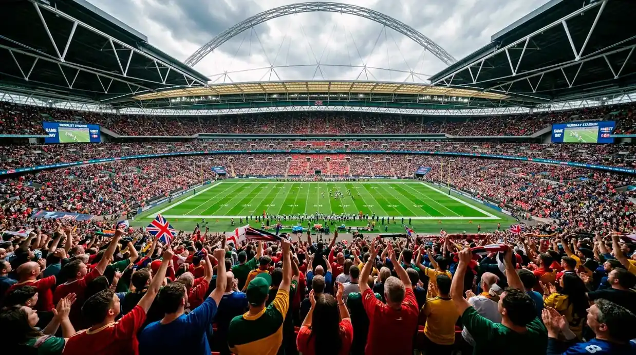 Crowd of NFL fans at Wembley Stadium in London wearing team jerseys during an International Series game